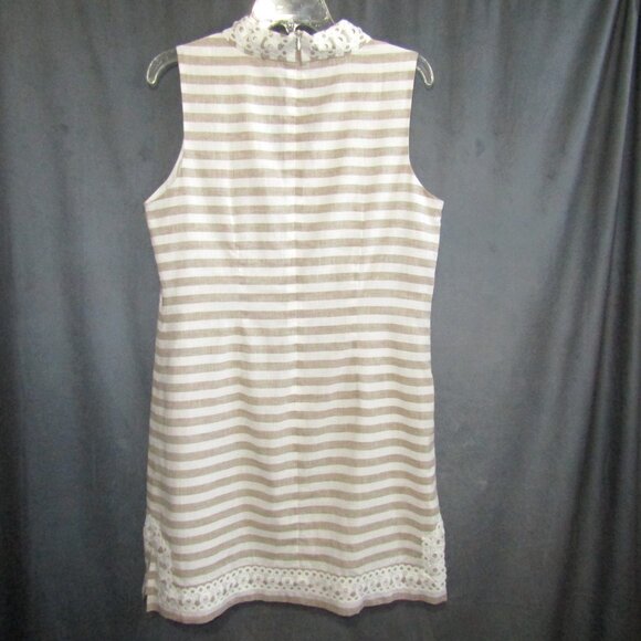 Eliza J Linen Cotton Mini Dress Size 12 Beige White Stripe Eyelet Coastal Resort - Picture 7 of 14